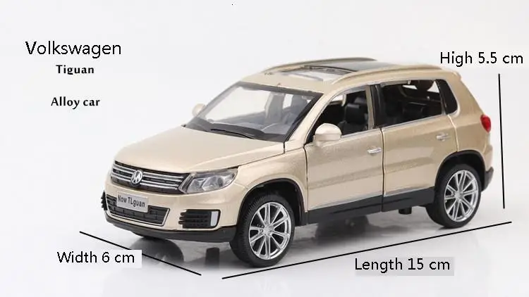 1:32, немецкая модель автомобиля VW Tiguan, литая под давлением, модель автомобиля из Золотого Металла, оттягивающая назад, модель автомобиля с подсветкой, игрушка в подарок для детей