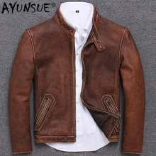 Ретро Натуральная кожа куртки мужские Осень мотоциклетная кожаная куртка натуральная коровья кожа куртки тонкий Винтаж S681 KJ3210