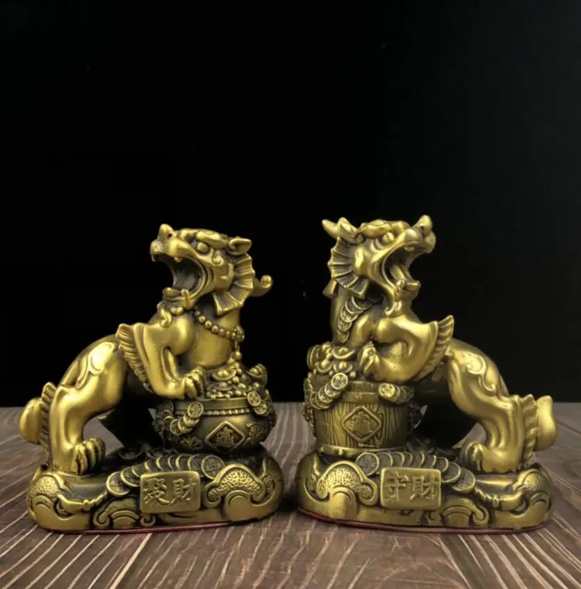 

Archaize Brass Recruit Wealth Treasure Bowl Mythical Animal Office Decoration Crafts Statue A Pair