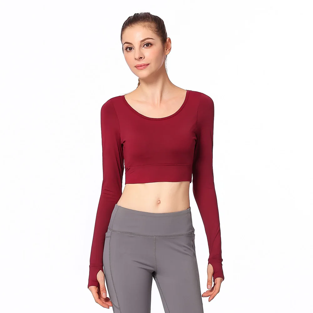 Женская рубашка для йоги с длинным рукавом, укороченный топ для спортзала, дышащие спортивные бюстгальтеры, мягкие топы для тренировок, Майки для фитнеса с открытой спиной, женские зимние спортивные рубашки