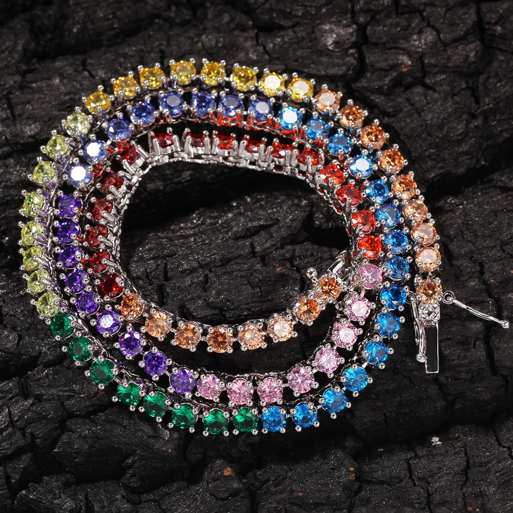 THE BLING KING Rainbow Colorful 4mm CZ Tennis Chain Necklace HipHop Iced Out Round Stones Shining Jewelry Punk Christmas Gift