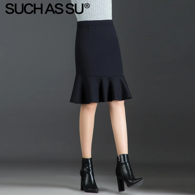 Black skirt Такие как SU Новинка Осень Зима Юбка До Колена Женская Черная вязанная Высокая талия Русалка Юбка S-3XL размера плюс плиссированная юбка женская - Цвет: Black skirt