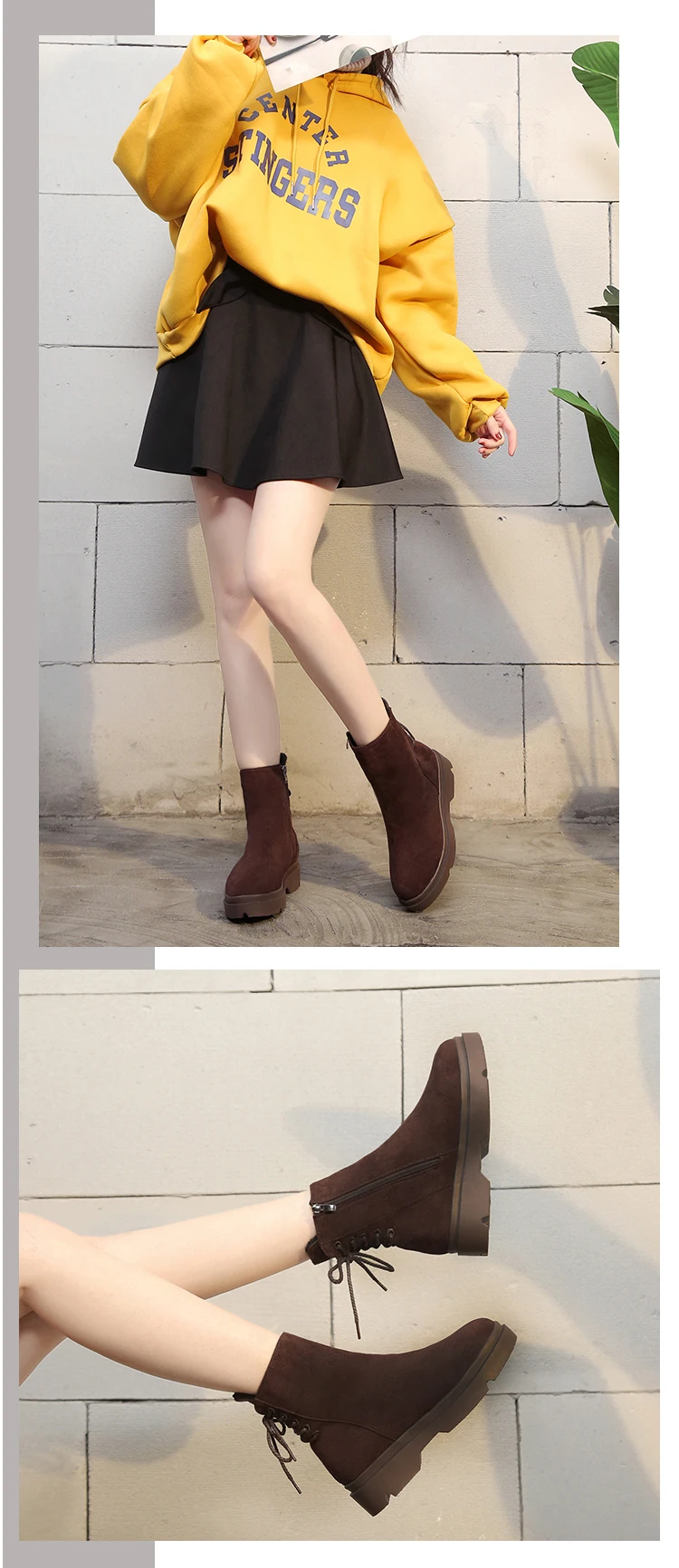 Fujin/женская зимняя обувь из флока, на платформе, со шнуровкой, без шнуровки; Длинные теплые плюшевые меховые ботиночки; ботильоны; зимние женские ботинки