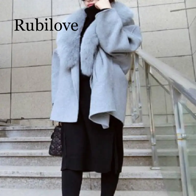 Rubilove модное женское весеннее шерстяное пальто с животным мехом большого размера теплое шерстяное пальто свободная Толстая длинная куртка