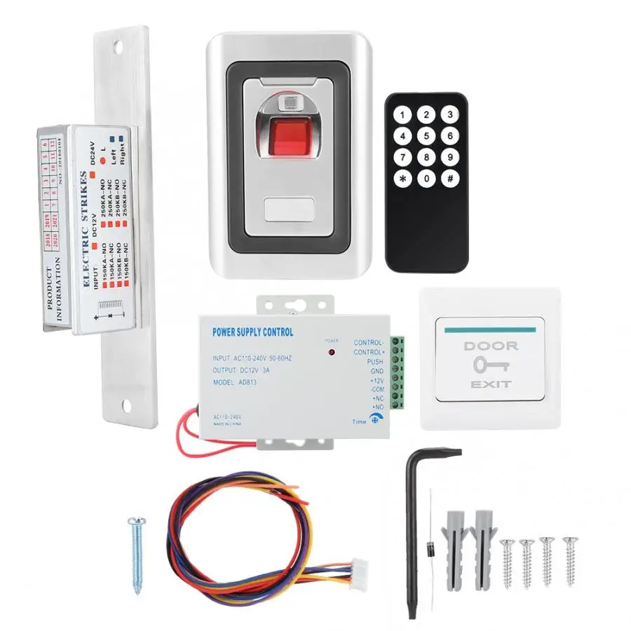 Fingerprint Door Lock Access System Control Power Supply NO Lock Exit Button Security System Kit