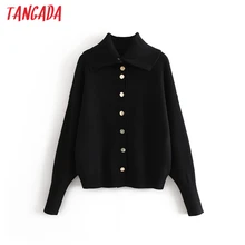 Tangada женский зимний черный кардиган пальто отложной воротник Винтаж негабаритный модный теплый вязаный свитер 3H31