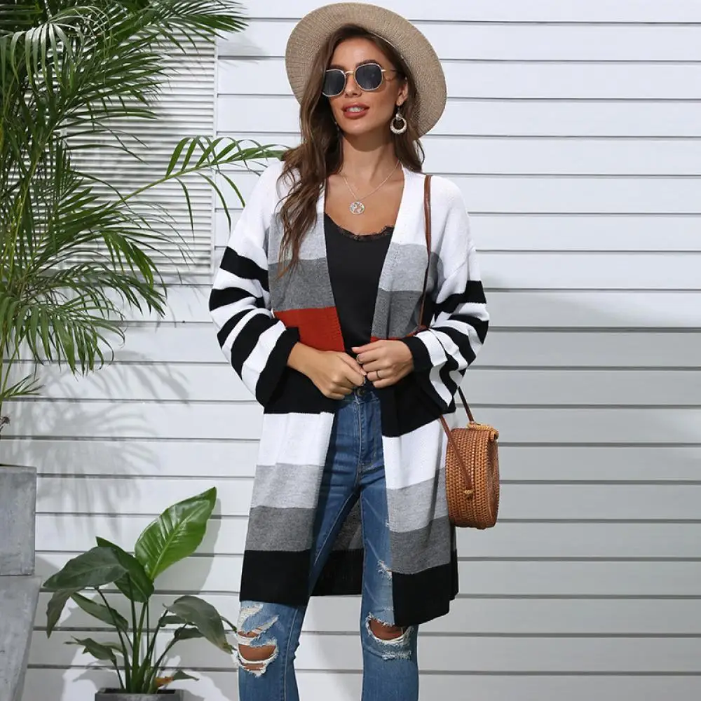

2020 Autumn Winter Women's Sweaters v-neck Cardigan coat High Quality Knitted Cardigan stripe Long sleeve Sweater Women