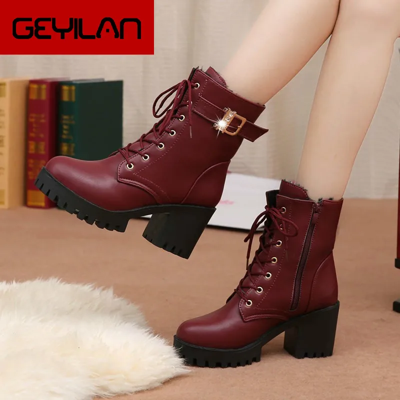 

2019 Autumn Fashion Women Boots High Heels Platform Buckle Lace Up Zip PU Leather Short Booties Black Ladies Shoes dft56