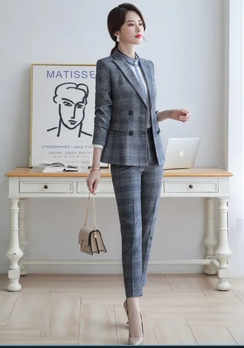 Gray coat and pants Профессиональные брюки костюмы Женщины Осень Новая мода плед Блейзер и брюки темперамент Формальные интервью Рабочая одежда - Цвет: Gray coat and pants