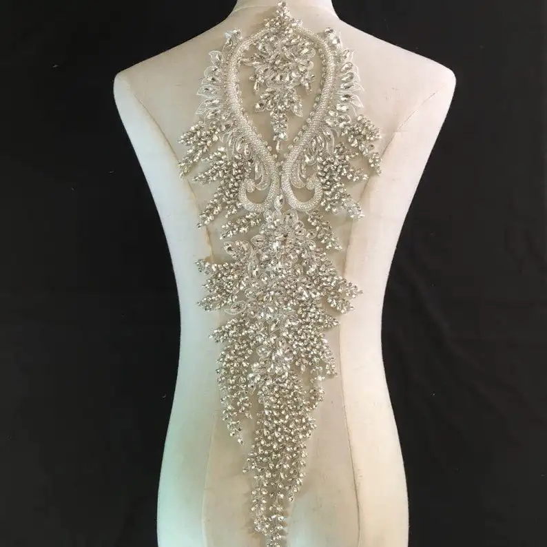 Applique In Pizzo Con Perline E Strass - Decorazione Per Abiti Da Ballo E Sposa, Nero - Foto 4