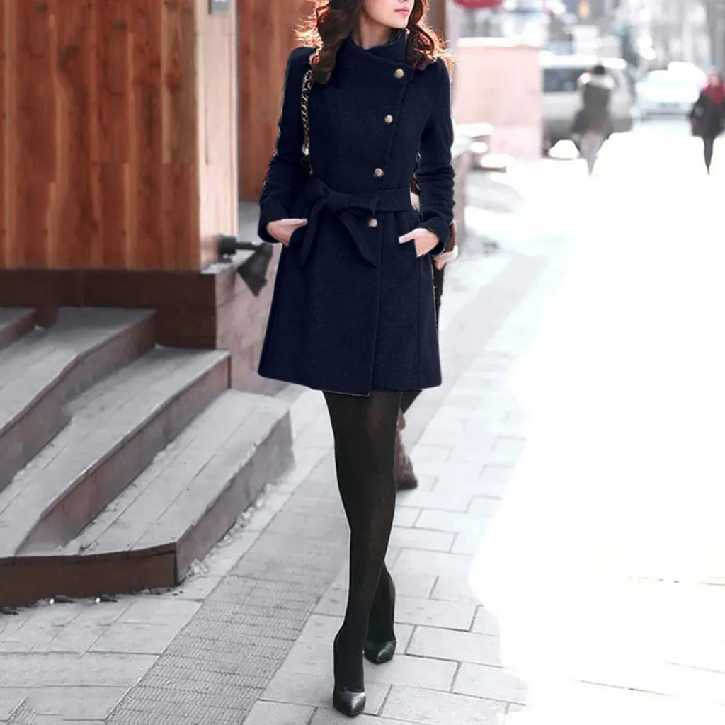 Страусиная солидная Женская длинная куртка зимняя тонкая теплая Модная Шерстяная Смесь пальто и куртка элегантные длинные женские пальто N30