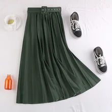 12 зеленая, хаки, черная, синяя, красная, эластичная, высокая талия, миди, плиссированная, трапециевидная юбка с поясом для женщин, юбки для женщин, saias
