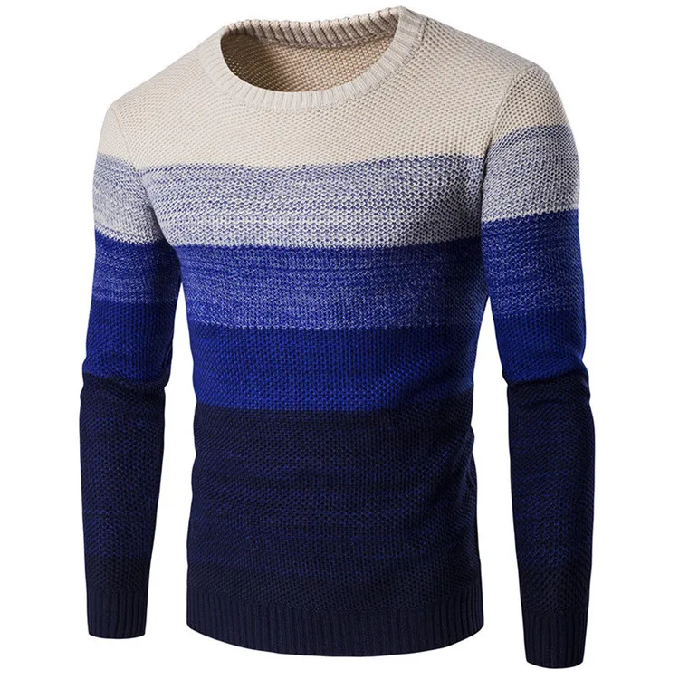 Autumn Men's Gradient Sweater Casual O-Neck Striped Mens Knittwear Patchwork Winter Knitted Pullovers Slim Fit Pull Homme - Цвет: NZZ003 Blue