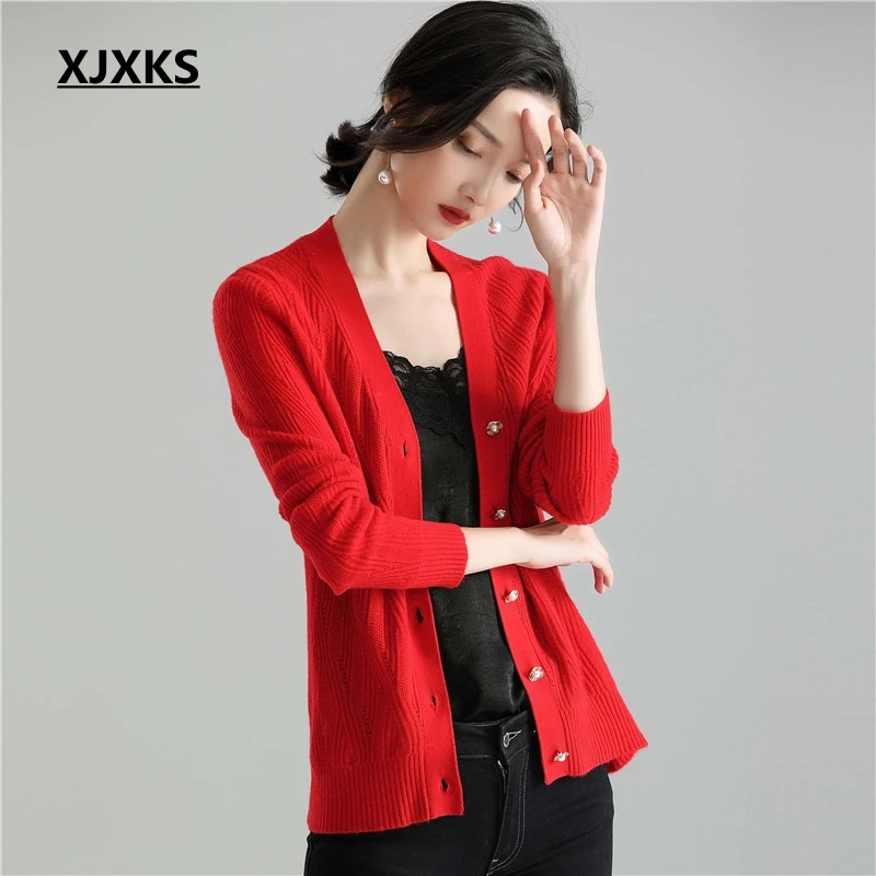 XJXKS Осенняя Женская мода шерсть монотонный Кардиган Slim Fit однобортный длинный рукав женский вязаный свитер
