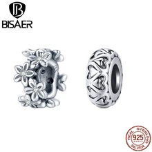 

BISAER Vintage Charms 925 Sterling Silver Blssom Flower Lace Heart Spacer Beads Fit Original Bracelets Silver Jewelry ECC1938