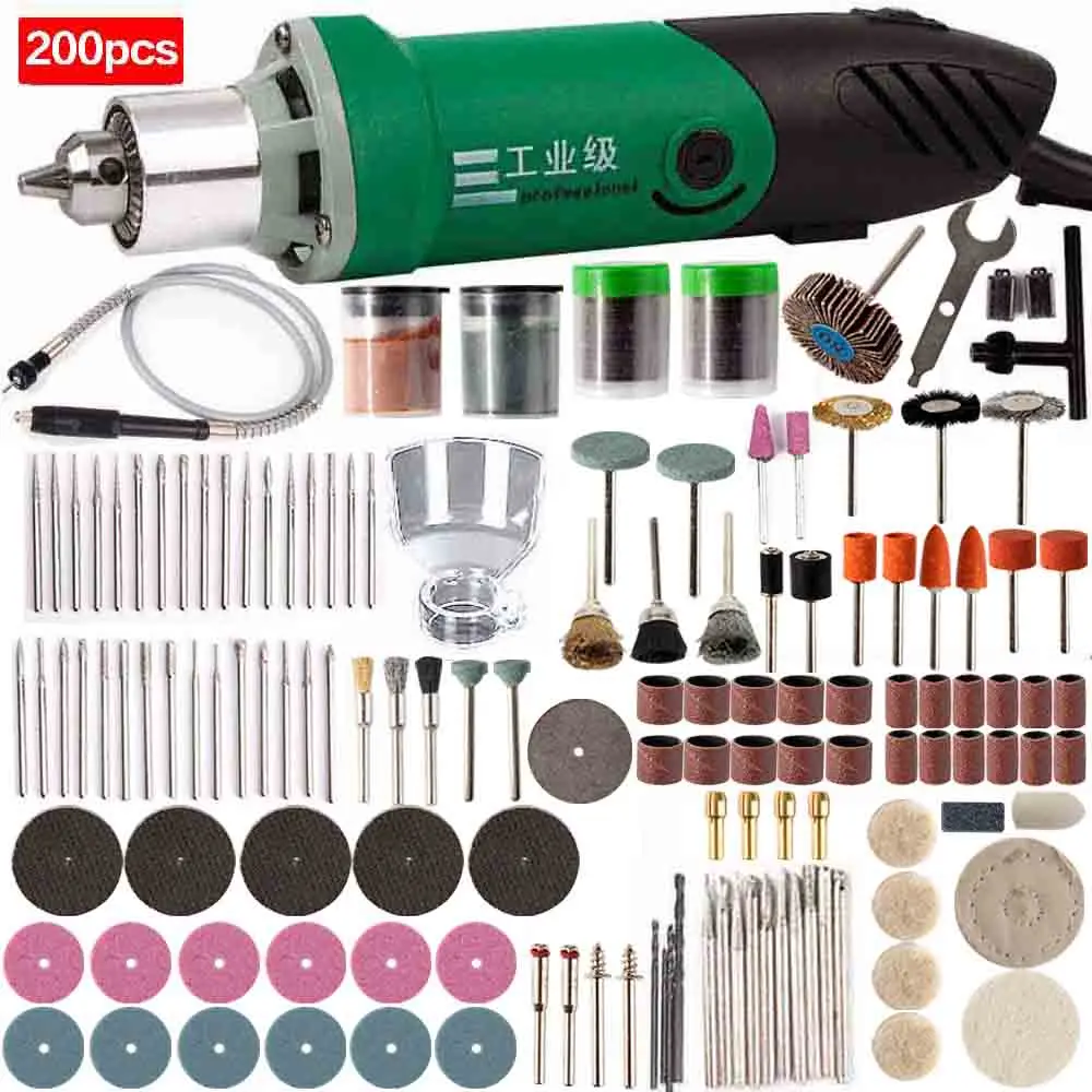 VP505-200pcs 480 Вт/180 Вт 2 стиля, электрическая дрель, 6 позиций, переменная скорость, вращающийся инструмент, мини-шлифовальная машина для Dremel, шлифовальный металл, электрические сверла, инструменты - Цвет: VP505-200pcs