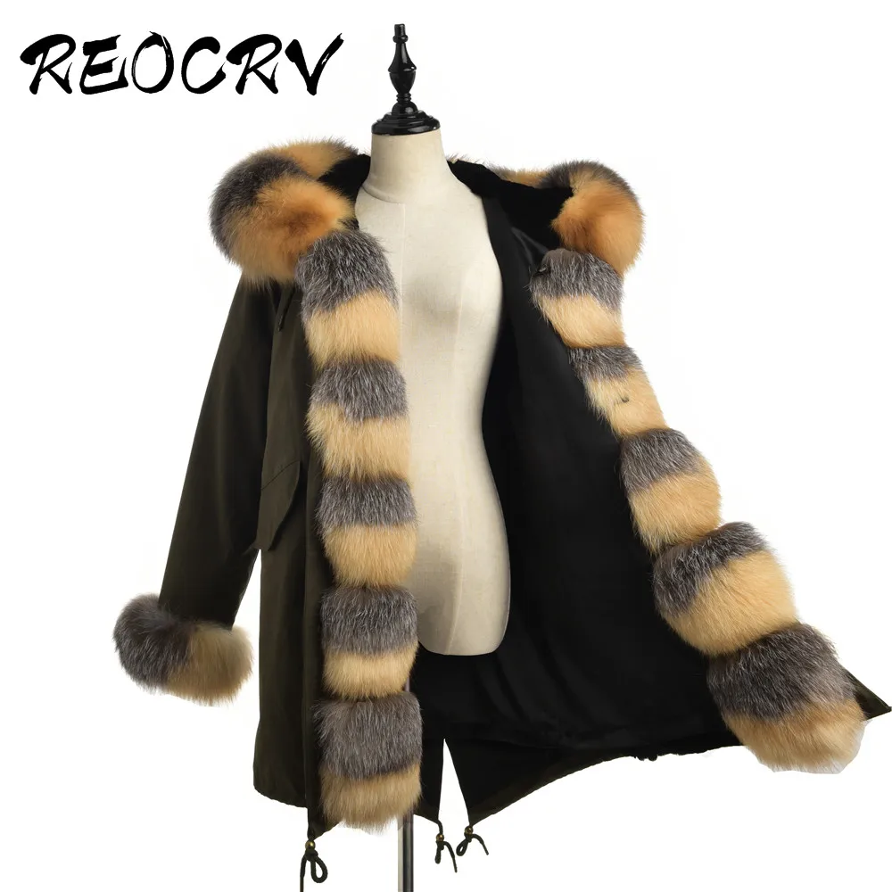 

REOCRV Three Colour Parka Dark Green Jacket Women Real Fur Parka Real Fur Jackets Natural Fox Fur Parkas Women Winter Coat Women