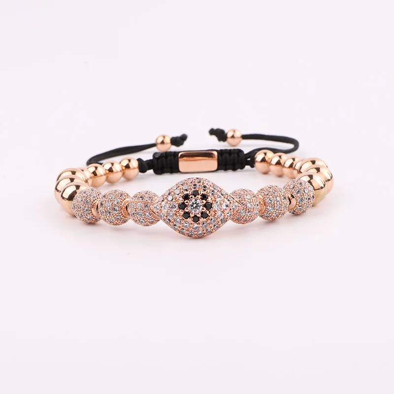 New Design Luxury Men Bracelet Jewelry Gold Plated CZ Pave Fat Eye Charm Beaded Macrame Adjustable Bracelet Women - Image 3
