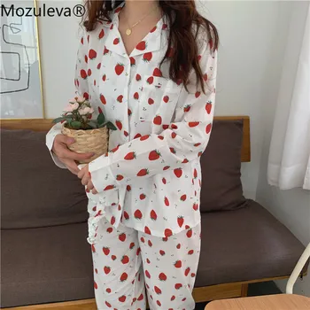 

Mozuleva Autumn Pants Suits Women Pajamas 2020 New Sweet Strawberry Print Home Pijama Mujer Two-piece Suit Loose Sleepwear
