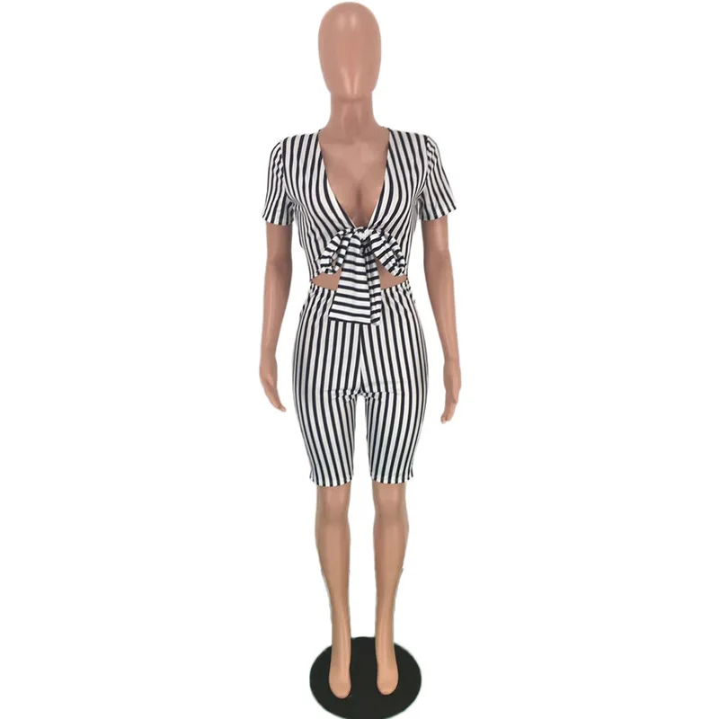 Waist Band Cut Out Sexy Striped Playsuits Women Deep V Neck Bow Bandage Jumpsuit Summer Short Sleeve Bodycon Short Bodysuit
