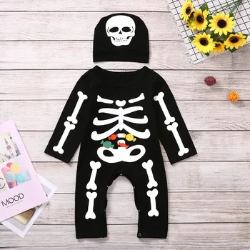 

Halloween Costume Baby Boys Girls Romper Halloween Bone Print Long Sleeve Jumpsuit+Hat Set Outfits Infantis Costume Newest 2019