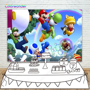 

Super Marios Party Supplies Birthday Backdrops Baby Shower Kids Boy Birthday Photo Background For Dessert Table Banner Photocall
