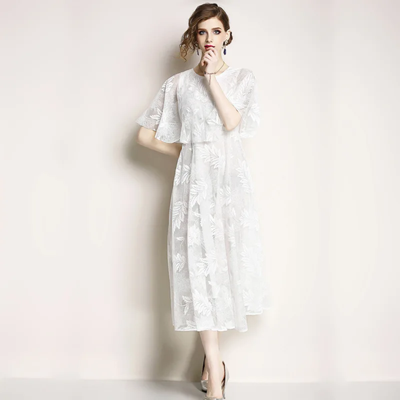 

2018 Summer New Style Ozhouzhan Trend WOMEN'S Dress Nobility Elegant Solid Color Lace Formal Dress Long Skirts