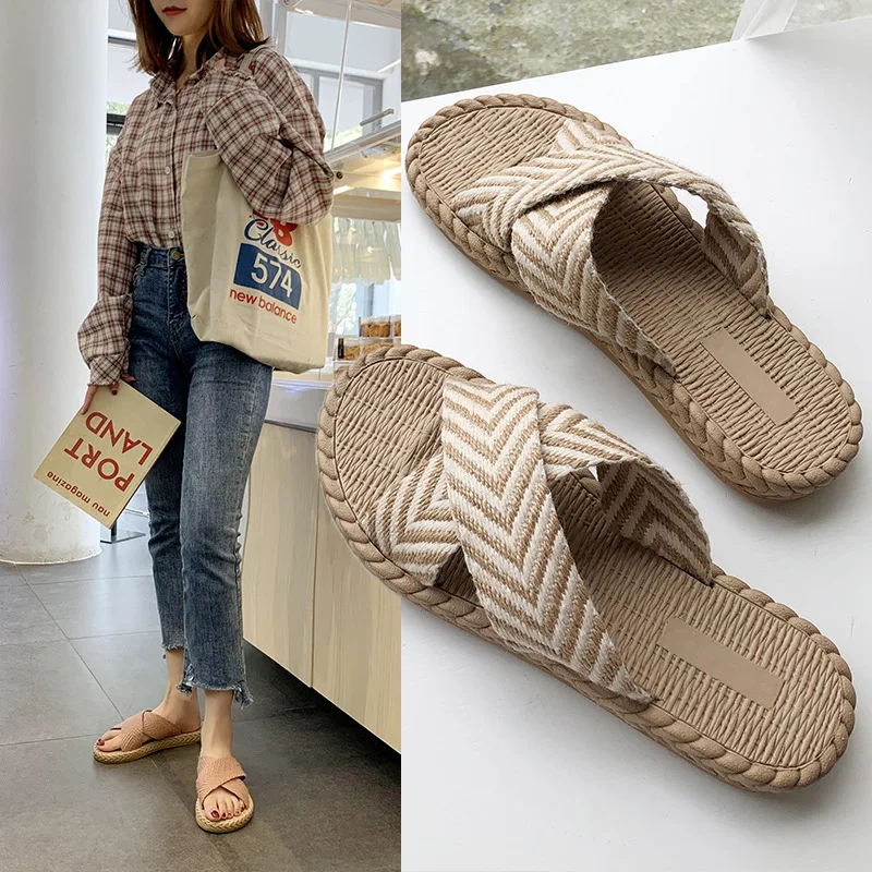 

Sandals Women's 2019 Summer New Style Korean-style Flat Stripes Cross Flax Line-styled Outer Wear Anti-slip Versatile Slipper