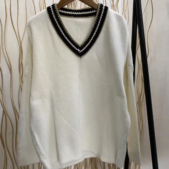 

Women Sweater 2020 Spring and Summer New College Striped Piping V-neck Sweater Women