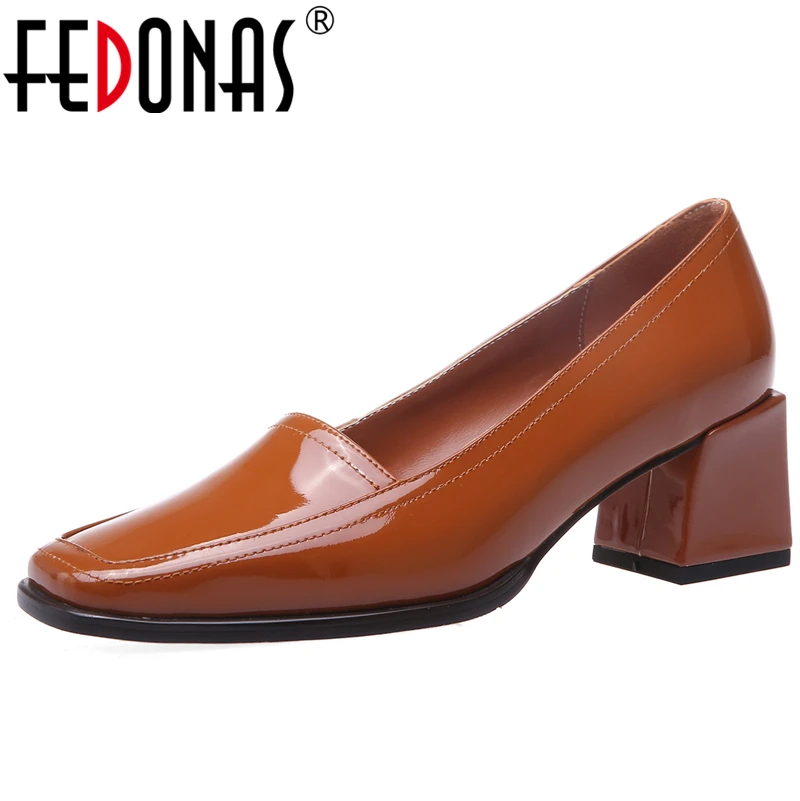 

FEDONAS New Euro Style Concise Retro Women Cow Patent Leather Solid Color Shoes Square Toe Thick Heel Casual Shallow Shoes Woman