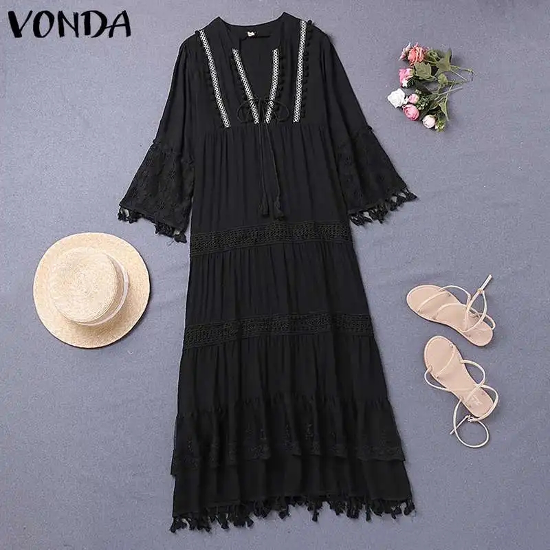 VONDA, Пляжное летнее платье, женское богемное 3/4, с расклешенным рукавом и бахромой, открытое кружевное платье, праздничное платье, Vestido, Повседневный Сарафан размера плюс