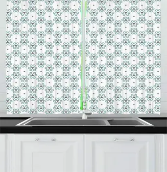 

White Pale Seafoam Abstract Kitchen Curtains Flowers Consisting of Triangle and Circle Shapes Geometric Nature Print Window Drap