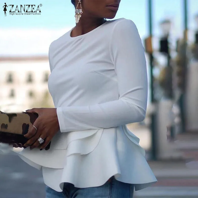 Elegant Solid Ruffle Shirts Womens Flounce Blouse ZANZEA Spring Long Sleeve Peplum Tunic Female O Neck Blusas Plus Size Tops