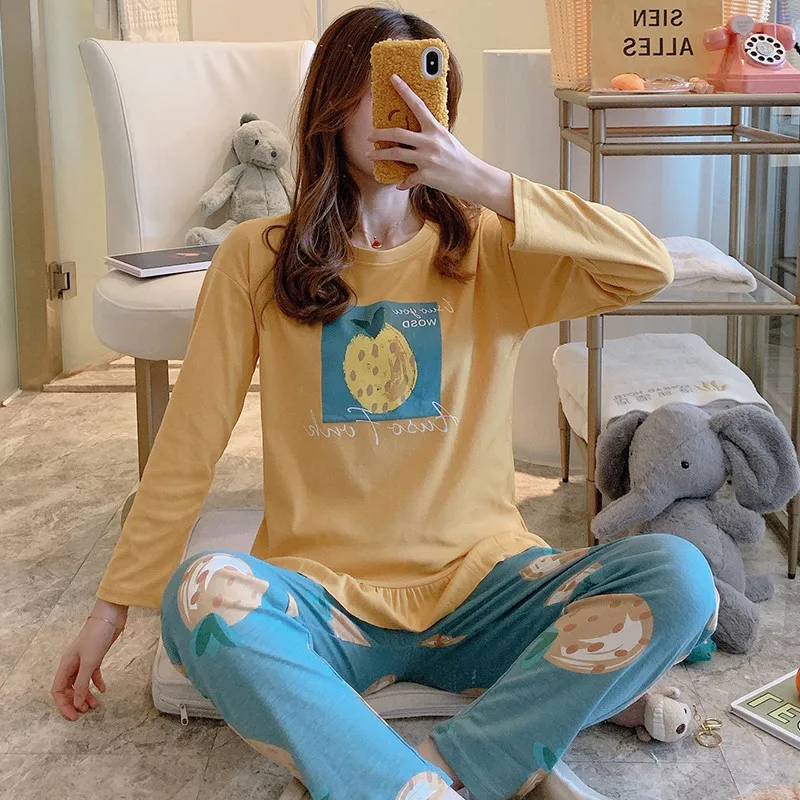 

Summer ladies comfortable pajamas set long-sleeved cotton pajamas set cartoon pineapple tops and pants 2-piece pants pyjamas