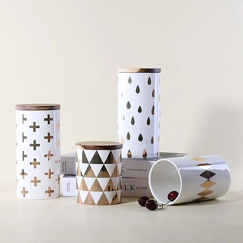 Nordic Pattern Ceramic Storage Bottle Jars For Spices Wood Lid Cans Kitchen Coffee Tea Candy Cane Container Articulos De Cocina