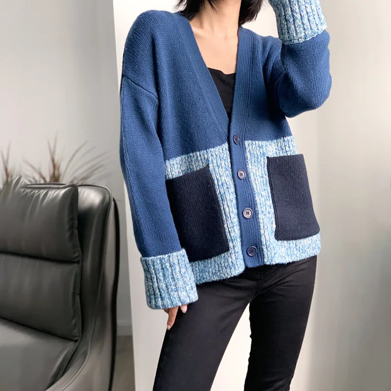 ^Cheap 2020 Women knitted sweater coat patchwork color bouble pockets ladies Single-breasted Cardigan knitwear female long sleeve outw