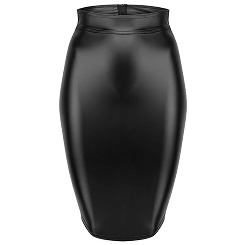 saia de couro pu saia com zíper bandagem bodycon couro renda traseira feminina até joelho look molhado plus size estilo preto