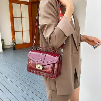 

Women's Summer Shoulder Bag Rivet PU Leather Ladies Messenger Bag Female Small Square Bag Clutch Bags 2020 Handbags For Woman