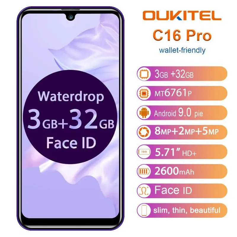 Смартфон OUKITEL C16 PRO 3 Гб ОЗУ 32 ПЗУ экран 5 71 дюйма 19:9 Waterdrop Android 9 0 Pie четырёхъядерный 8