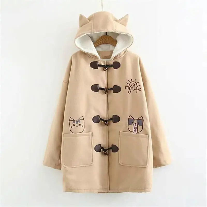 Теплая зимняя куртка с капюшоном в японском стиле Kawaii для девочек длинное шерстяное пальто с вышитыми карманами и пряжкой в виде кошки плотная Шерстяная Одежда Mori Girl - Цвет: Хаки