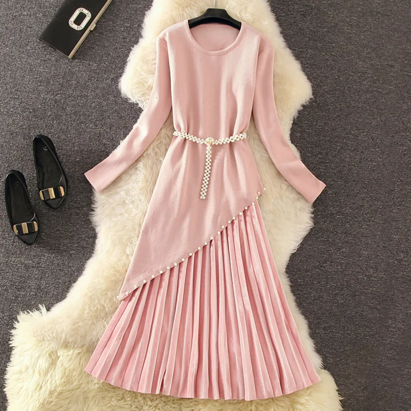 

Autumn Winter Skirt Suits Women 2 Piece Set Beading Knitted Sweater Dress + Pleated Velvet Skirt Suits Knit Dress Sets With Belt