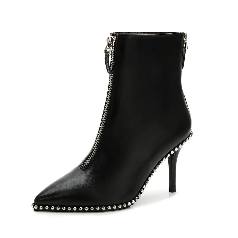 Роскошные брендовые дизайнерские женские ботинки на молнии с заклепками элегантные модные женские ботильоны на тонком высоком каблуке гладиаторы на платформе и высоком каблуке 8 см - Цвет: Черный