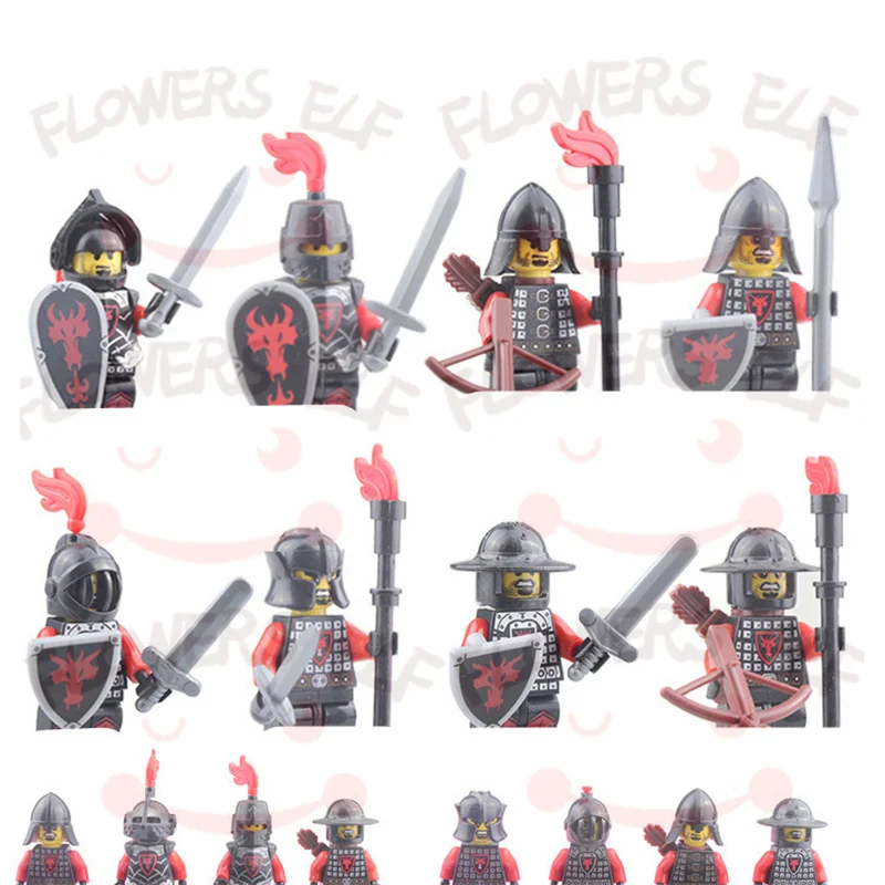 1PCS Blue Lion Red Green Dragon Knight Mini Two-person Villain Middle Age Assembling Building Blocks Children'sToy Medieval Knig