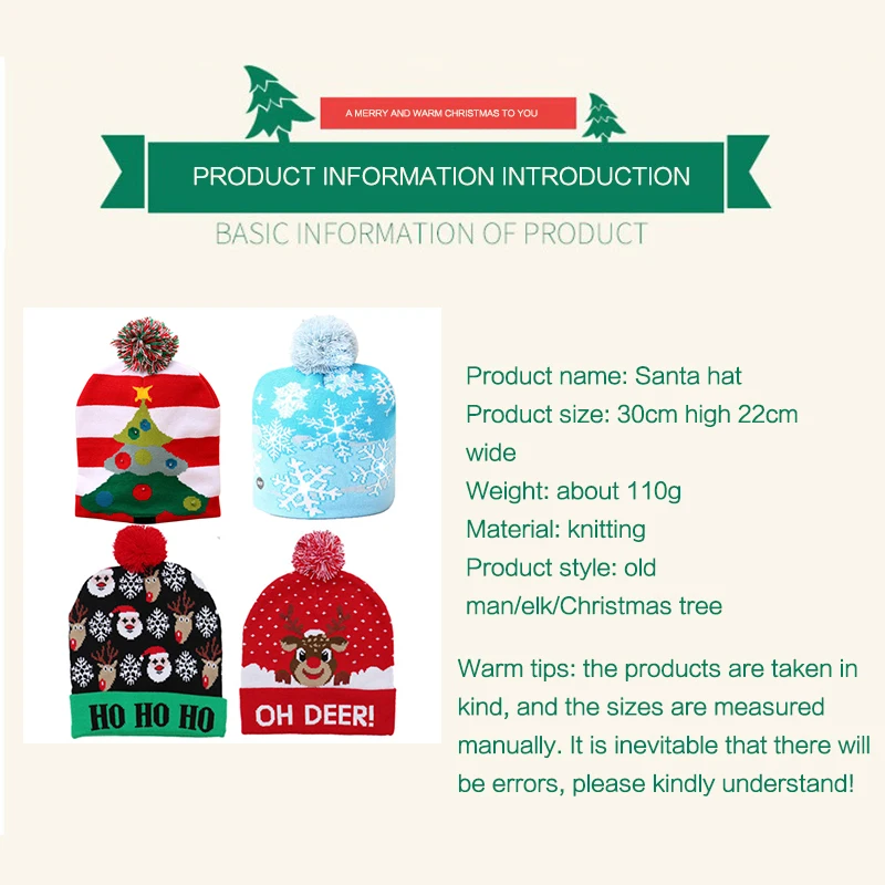 HOT Creative Designs LED Christmas Hats Beanie Sweater Christmas Santa Hat Light Up Knitted Hat for Kid Adult For Party