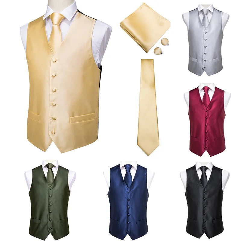 Hi-Tie Men's Vest Set Silk Solid Waistcoat Vests For Men High Quality Tie Pocket Square Cufflinks Set Black Blue Red Gold Vests Hi-Tie Men's Vest Set Silk Solid Waistcoat Vests For Men High Quality Tie Pocket Square Cufflinks Set Black Blue Red Gold Vests