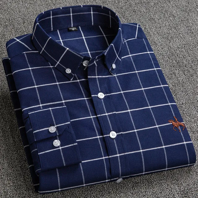 100% Cotton Oxford Plaid Solid Color Striped Shirt Tops Casual Long Sleeve Shirt Slim Fit Shirt Men Camisa Social Korean Clothes 12