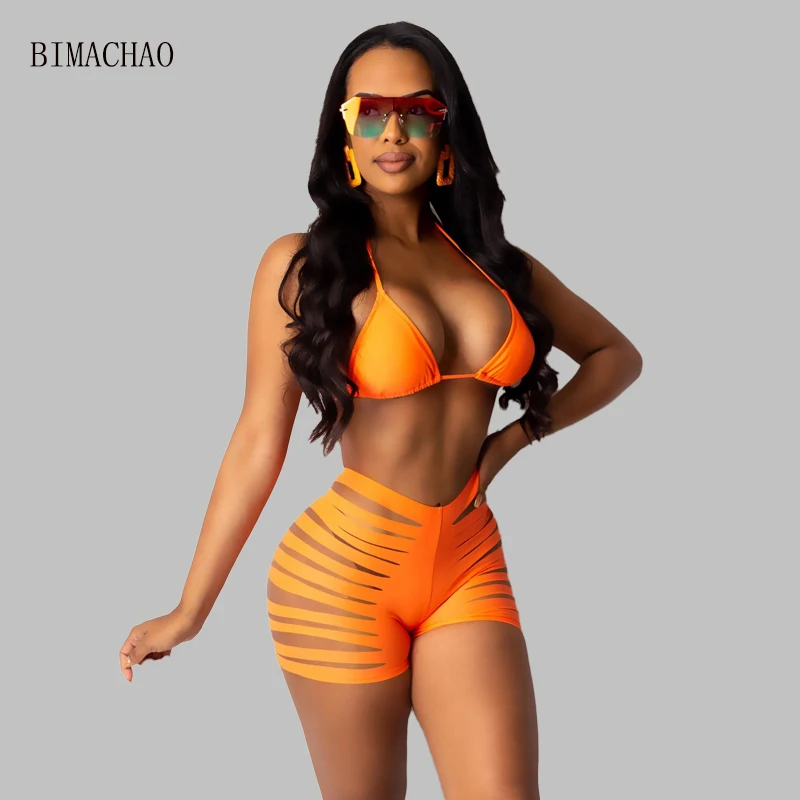 BIMACHAO однотонный купальник из двух частей женский винтажный с открытой спиной