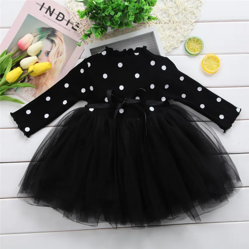 Платье для маленьких девочек крестины день рождения, одежда с длинными рукавами для новорожденных, детский купальник в горошек для девочек, повседневная одежда принцессы с юбкой-пачкой - Цвет: 1 black