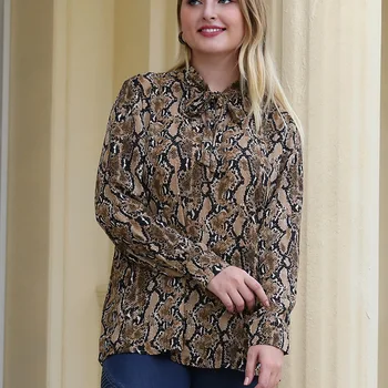 

Plus size women's clothing fat ladies fashion snake print neckline bow tie pullover long sleeve shirt plus size shirt