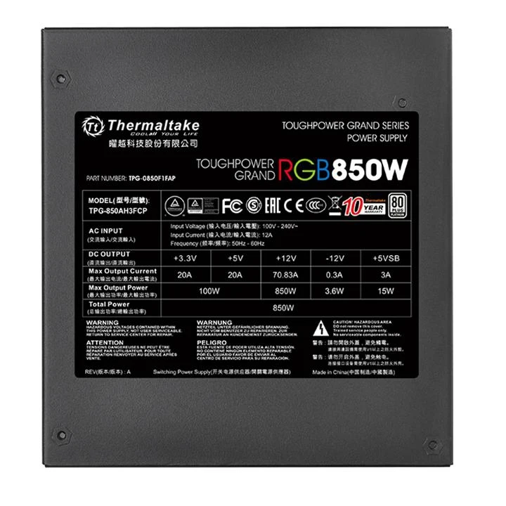 Блок питания Thermaltake ATX 850W Toughpower RGB 80+ platinum(24+4+4pin) APFC 140mm fan color LED 1